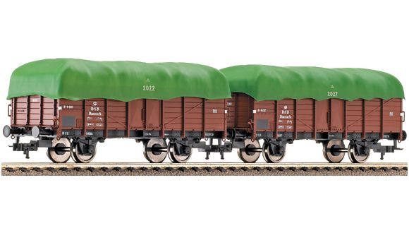 Set of 2 tarpaulin covered Gondola cars<br /><a href='images/pictures/Fleischmann/521605.jpg' target='_blank'>Full size image</a>